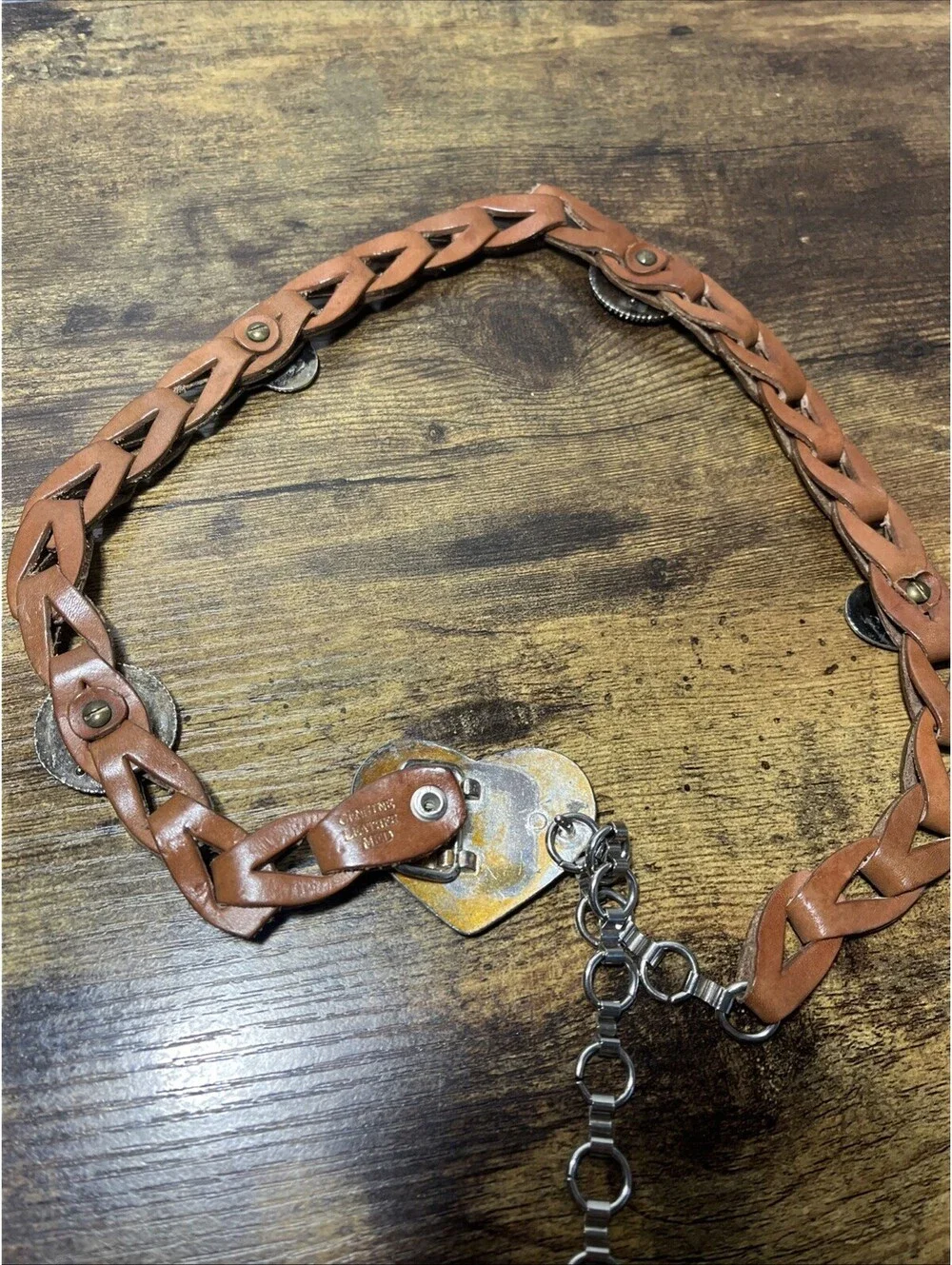 Southwestern Leather Braided Belt w/Silver Tone Conchos & Chain 36”